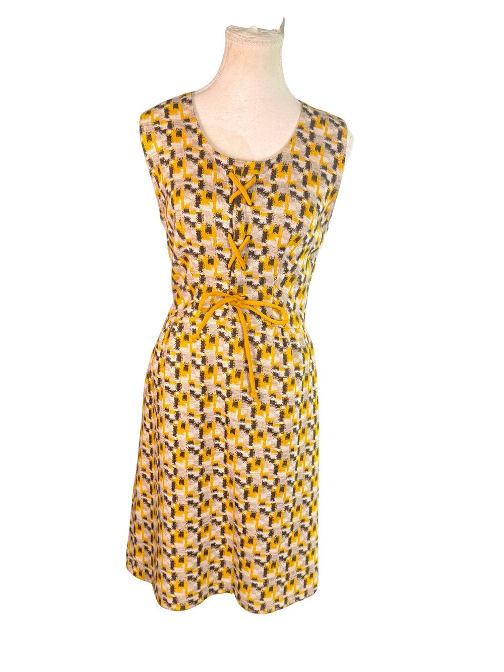 VTG 1960s Royal Miss Mod Dress Geometric Houndstooth Lace Up Sleeveless Size 10
